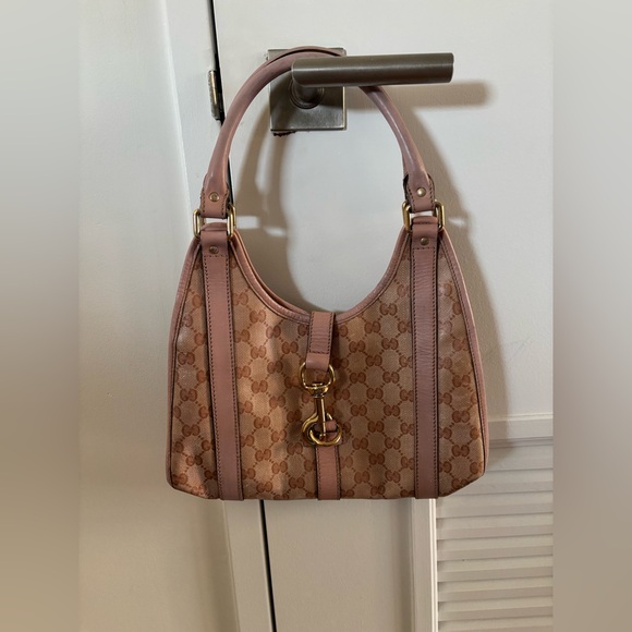 Gucci Handbags - Gucci Jackie Beige/Pink GG Coated Canvas Shoulder Bag with Pink Leather Trim